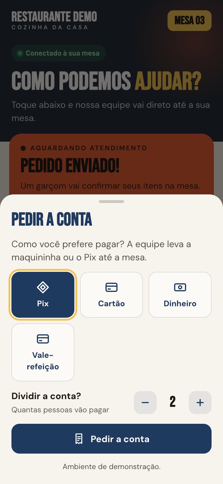 Tela de pedir a conta, com Pix, cartão, dinheiro e vale-refeição e a opção de dividir