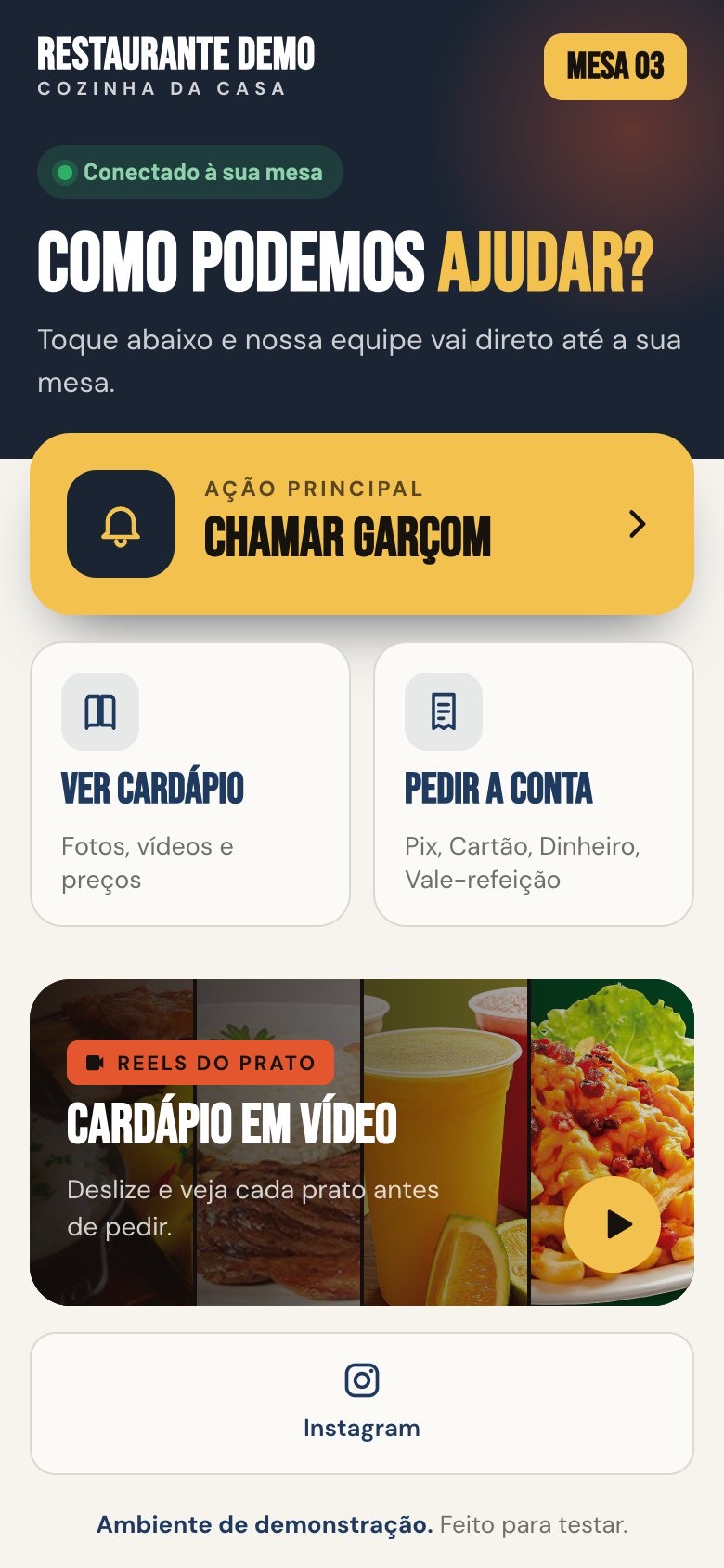 Tela da mesa no celular do cliente, com os botões Chamar garçom, Ver cardápio e Pedir a conta
