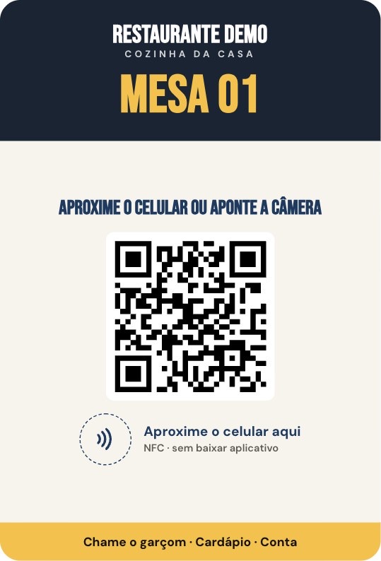 Placa de mesa com QR Code, número da mesa e o ponto para aproximar o celular